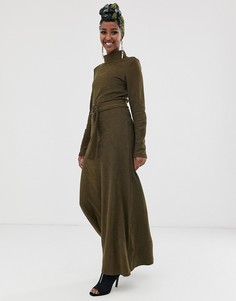Платье макси с длинными рукавами, отворачивающимся воротником и поясом ASOS DESIGN-Зеленый