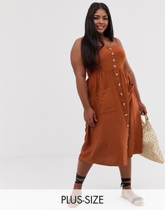 Платье миди на пуговицах с карманами из ткани с добавлением льна Junarose-Коричневый