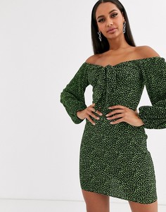 Плиссированное платье мини с пестрым принтом и узлом ASOS DESIGN-Мульти