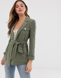 Удлиненная куртка цвета хаки в стиле милитари Miss Selfridge-Зеленый