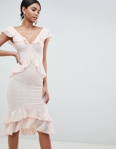 Платье миди с кружевом и оборками ASOS DESIGN-Желтый
