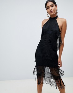 Платье миди с завязкой на шее и бахромой ASOS DESIGN-Черный