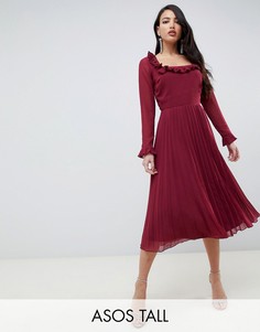 Плиссированное платье миди с квадратным вырезом ASOS DESIGN Tall-Красный