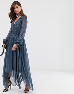 Мягкое платье миди из выбеленного шифона с вышивкой на талии ASOS DESIGN-Синий