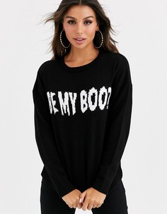 Черный вязаный джемпер на Хэллоуин с надписью \be my boo\" Missguided
