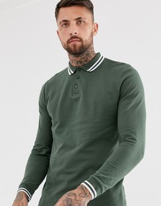 Лонгслив-поло из пике цвета хаки и с окантовкой ASOS DESIGN-Зеленый
