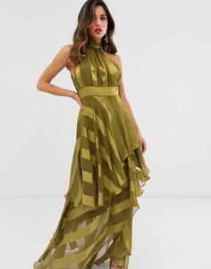 Ярусное платье макси с высоким воротом и полосками ASOS DESIGN-Золотой