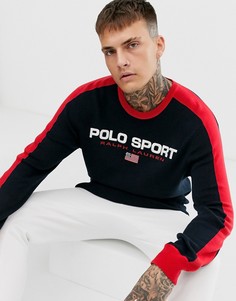 Сине-красный свитшот с контрастной отделкой кантом и логотипом на груди Ralph Lauren Sport Capsule-Темно-синий