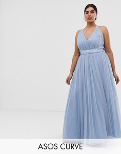 Тюлевое платье макси для выпускного с лентами ASOS PREMIUM Curve-Синий