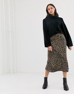 Атласная юбка миди с леопардовым принтом и разрезами ASOS DESIGN Tall-Мульти