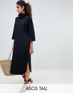 Свободное платье миди с высоким воротником и широкими рукавами ASOS DESIGN Tall-Черный