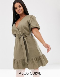 Платье мини с запахом и завязкой спереди ASOS DESIGN Curve-Зеленый