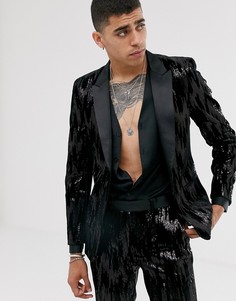 Черный бархатный приталенный пиджак с пайетками ASOS DESIGN