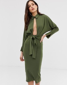 Платье-рубашка миди с длинными рукавами ASOS DESIGN-Зеленый