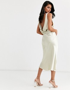 Атласное платье миди со стразами и свободной драпировкой на спине ASOS DESIGN-Кремовый