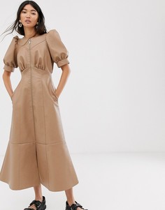 Платье миди из искусственной кожи с пышными рукавами и молнией ASOS DESIGN-Бежевый
