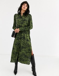 Платье-рубашка миди цвета хаки с принтом Topshop-Зеленый