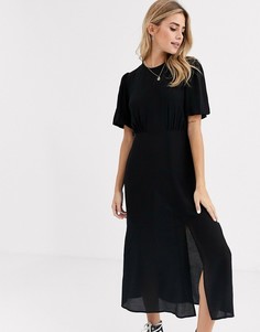 Черное однотонное платье миди с разрезом New Look-Черный