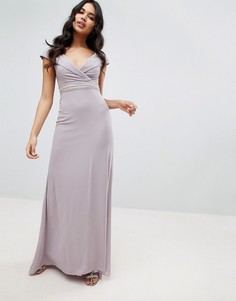 Платье макси с широким вырезом и отделкой на талии TFNC Bridesmaid-Серый