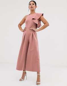 Комбинезон с оборкой на плече и вырезом на спине ASOS DESIGN-Бежевый