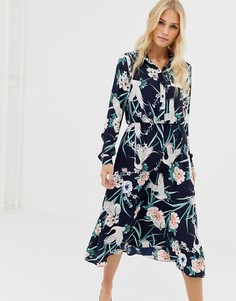 Платье-рубашка миди с принтом птиц и цветов Liquorish-Темно-синий
