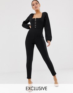 Черный комбинезон с застежкой на крючки Missguided