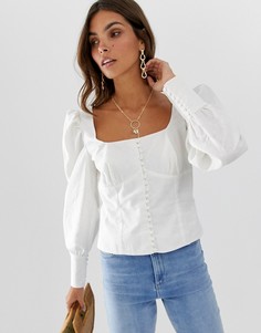Льняной лонгслив с квадратным вырезом на пуговицах ASOS DESIGN-Белый