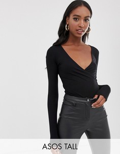 Черный лонгслив с запахом ASOS DESIGN Tall