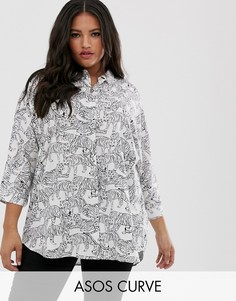 Oversize-рубашка с длинными рукавами и монохромным тигровым принтом ASOS DESIGN Curve-Мульти