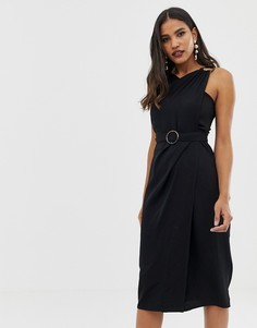 Платье миди с запахом и черепаховыми пряжками ASOS DESIGN-Черный
