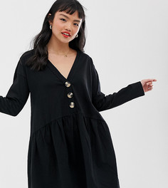 Свободное платье мини с v-образным вырезом на пуговицах ASOS DESIGN Petite-Черный