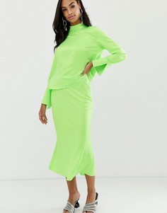 Атласная юбка миди неонового цвета ASOS DESIGN-Зеленый