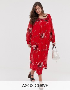 Платье макси с цветочным принтом, квадратным вырезом и окантовкой ASOS DESIGN Curve-Мульти