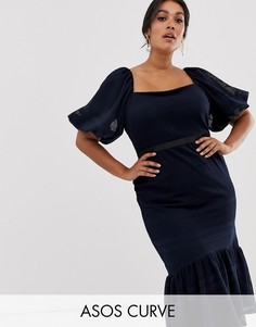 Кружевное платье с пышными рукавами и баской ASOS DESIGN Curve-Темно-синий