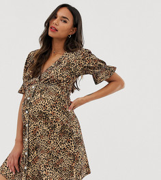 Чайное платье в рубчик на пуговицах со звериным принтом ASOS DESIGN Maternity-Мульти
