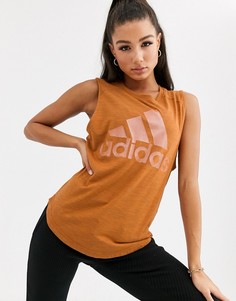 Коричневый топ с логотипом металлик adidas