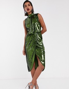 Платье-футляр миди с пайетками и драпировкой ASOS DESIGN-Зеленый