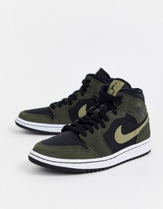 Черные кроссовки средней высоты с зелеными вставками Nike Jordan 1-Черный