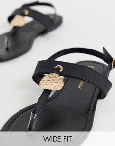 Черные сандалии с золотистой круглой вставкой для широкой стопы New Look-Черный