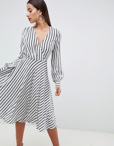 Платье миди в полоску с V-образным вырезом и длинными рукавами ASOS DESIGN-Мульти