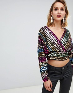 Топ с запахом и отделкой пайетками ASOS DESIGN-Мульти