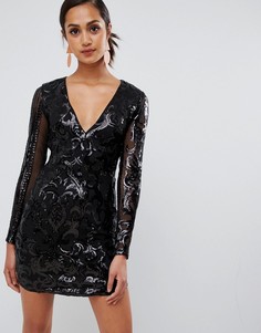 Сетчатое платье с пайетками и длинным рукавом Parisian-Черный