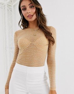 Сетчатое боди с длинными рукавами и отделкой ASOS DESIGN-Бежевый
