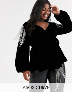 Бархатный топ с запахом и бахромой ASOS DESIGN Curve-Черный