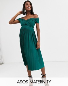 Платье миди с кружевной и плиссированной отделкой ASOS DESIGN Maternity-Зеленый