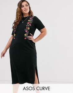 Платье-футболка миди с цветочным принтом ASOS DESIGN Curve-Черный