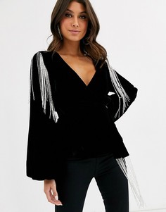 Бархатный топ с запахом и бахромой ASOS DESIGN-Черный
