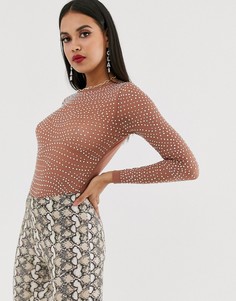 Сетчатое боди с длинными рукавами и отделкой ASOS DESIGN-Коричневый