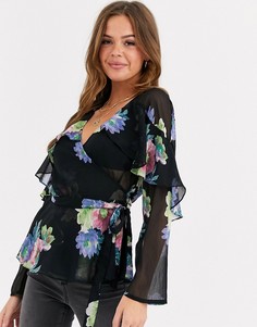 Прозрачный топ с запахом, цветочным принтом и оборками ASOS DESIGN-Мульти