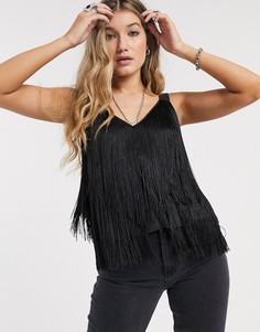 Топ на бретелях с бахромой и v-образным вырезом ASOS DESIGN-Черный